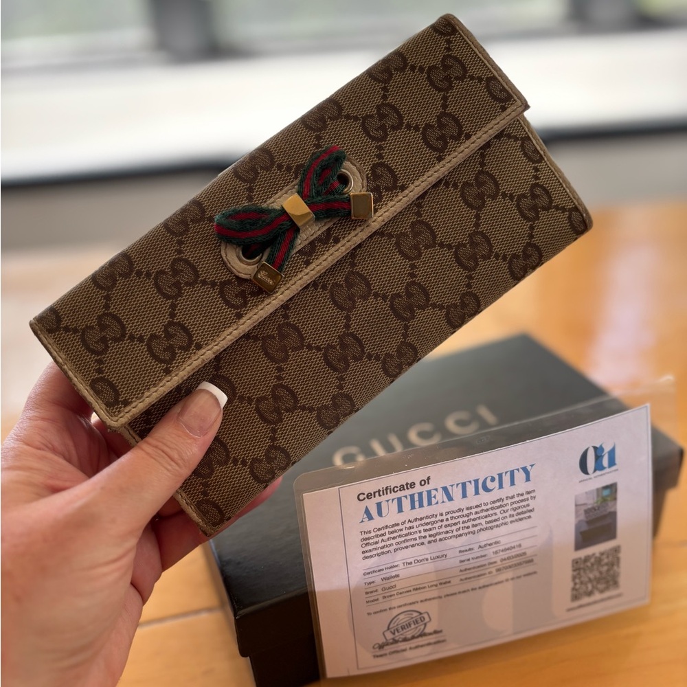 Gucci Long Tan Brown Monogram Canvas Wallet with Green and Red Bow